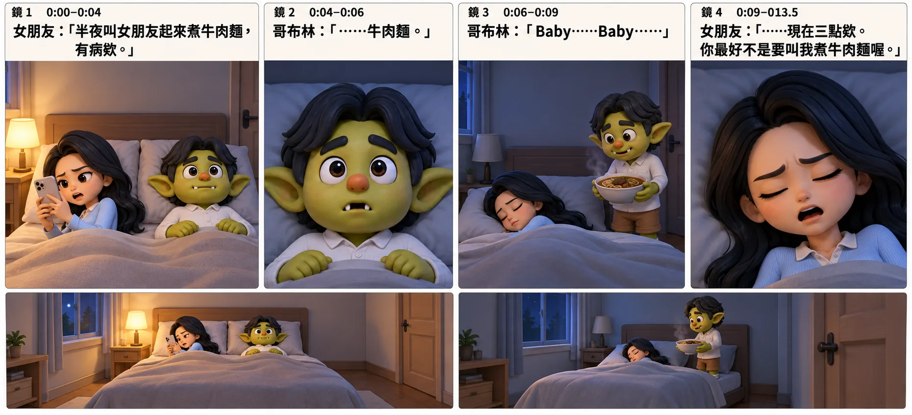 〈要不要香菜〉前半段的故事板：上排 4 格依序是女朋友躺在床上滑手機碎念、哥布林睜大眼睛想著牛肉麵、半夜他捧著一碗牛肉麵站在床邊叫她、她閉著眼皺眉說現在三點欸，每格上方寫著鏡號、秒數和臺詞；下排兩格是同一間臥室的全景